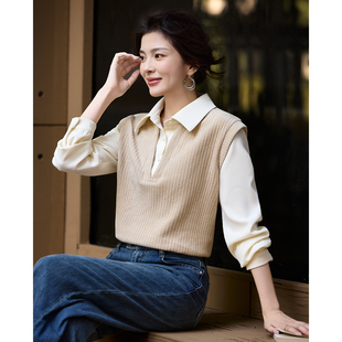 学院风显瘦叠穿假两件衬衫时尚拼接针织马甲翻领套头衬衣