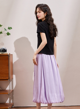2025夏季新款时尚套装女黑色短袖T恤+紫色花苞半身裙两件套休闲