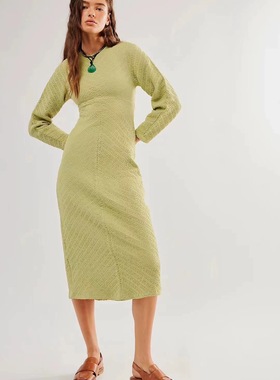 fp  change u秋冬新款女装绿色长袖连衣裙简约风格修身显瘦长裙