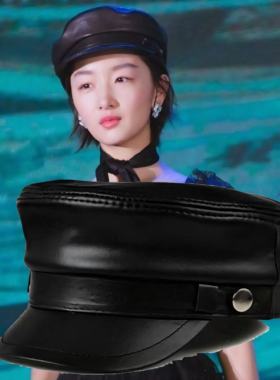 冬雨同款羊皮船长帽秋冬皮帽休闲时尚平顶帽小头围女帽大头围男帽