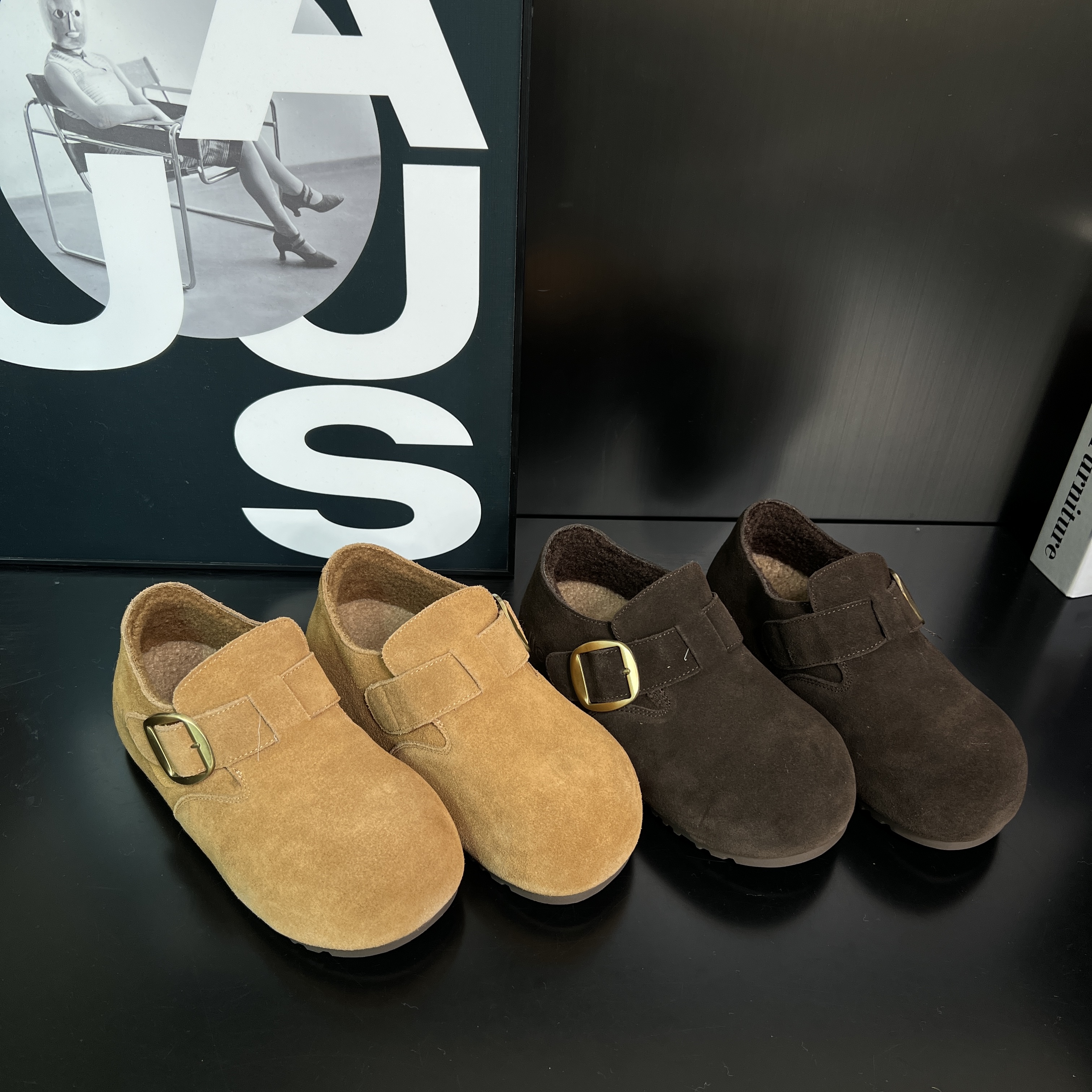 勃肯鞋女2025冬季新款厚底一脚蹬加绒保暖棉鞋复古防滑棉鞋607