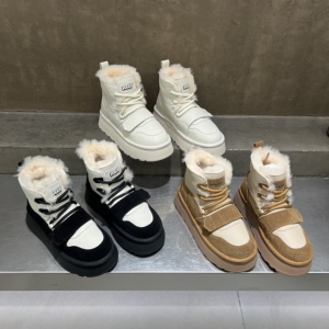 蓝尔宣真皮羊毛雪地靴女2024冬季新款厚底魔术贴加绒保暖棉靴潮