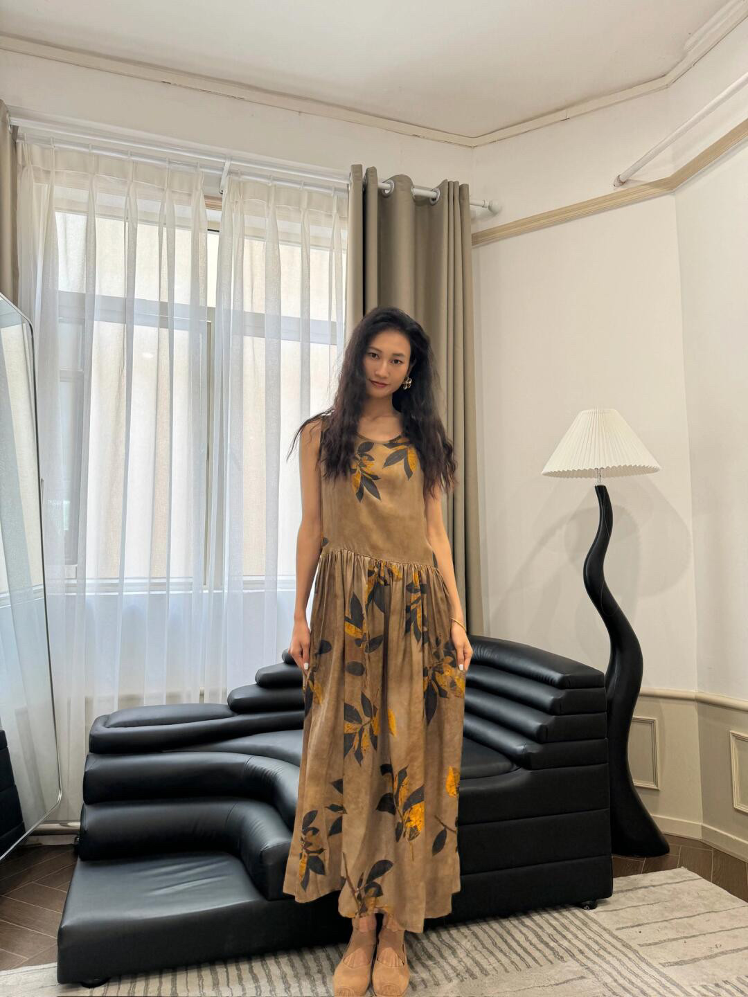 UMASTAND·金色落叶印花背心裙 进口铜氨丝面料