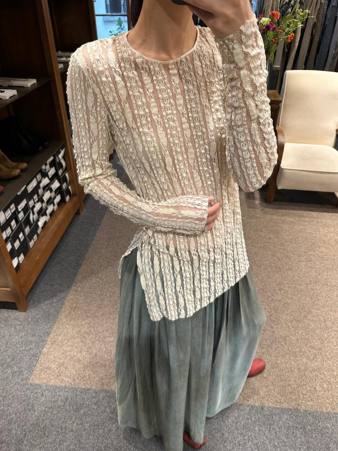 UMASTAND·条状镂空菱格蕾丝打底