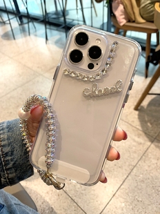 新款 13轻奢仙女高级感 透明适用苹果15proMAX手机壳带挂绳iphone14立体字母镶钻11水钻链条plus奢华12网红女款