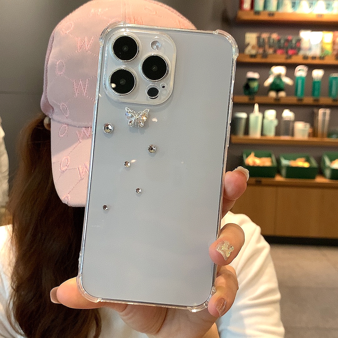 ins风新款适用苹果15手机壳镶钻iphone14promax闪钻银蝴蝶16水钻plus奢华12女款13透明Pro高级感仙女软胶壳潮