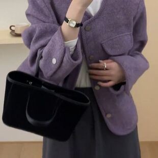 香风毛呢上衣新款短款韩系女秋冬外套ins紫色2024感小小个子