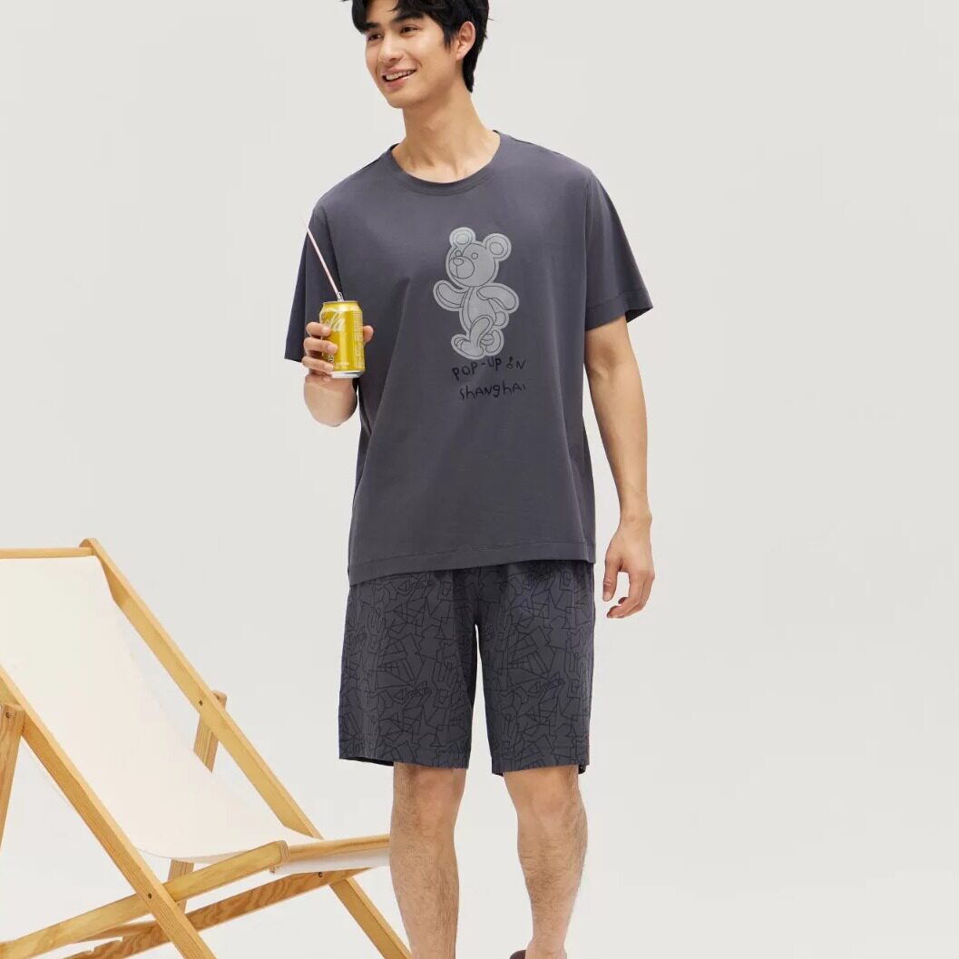 雪尔绵夏季新款男士圆领短袖短裤纯棉宽松休闲家居服睡衣套装大码