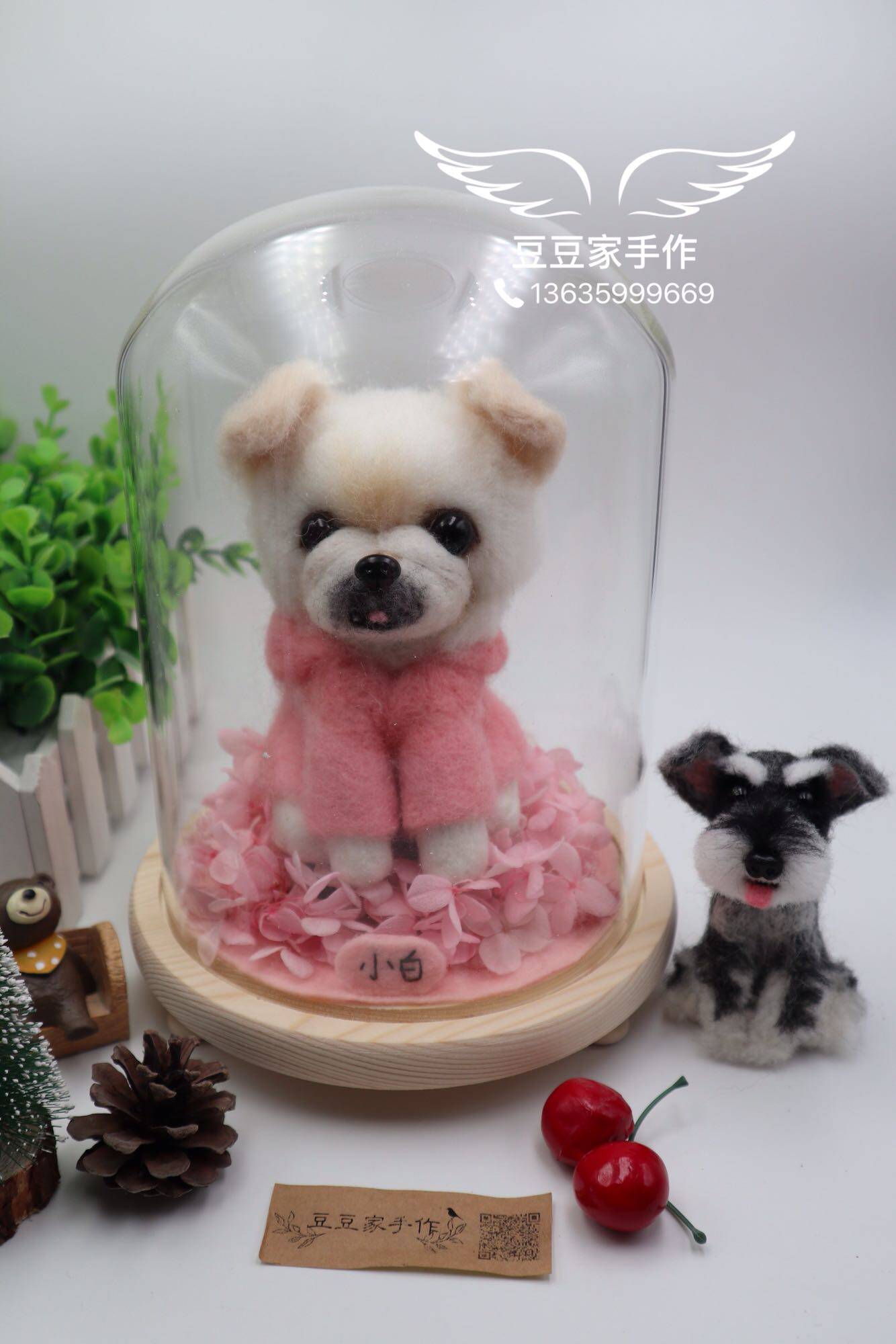 羊毛毡手工照片定制西施京巴泰迪比熊公仔永生花玻璃罩婚礼摆台