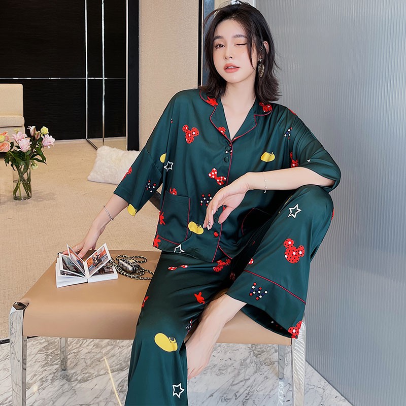 睡衣女夏季冰丝七分袖长裤宽松大码甜美可爱春秋款薄款真丝绸套装