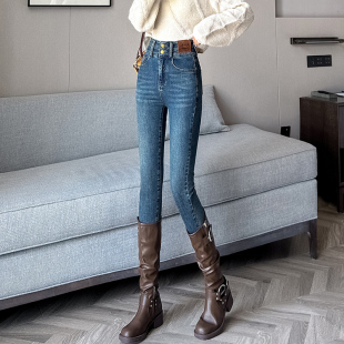 高腰牛仔小脚裤女高个子175超长显瘦春秋季加长版170铅笔裤黑色
