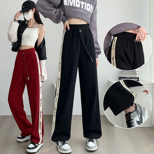 红色阔腿运动裤女加长秋季2025高腰宽松字母条纹休闲直筒束脚卫裤