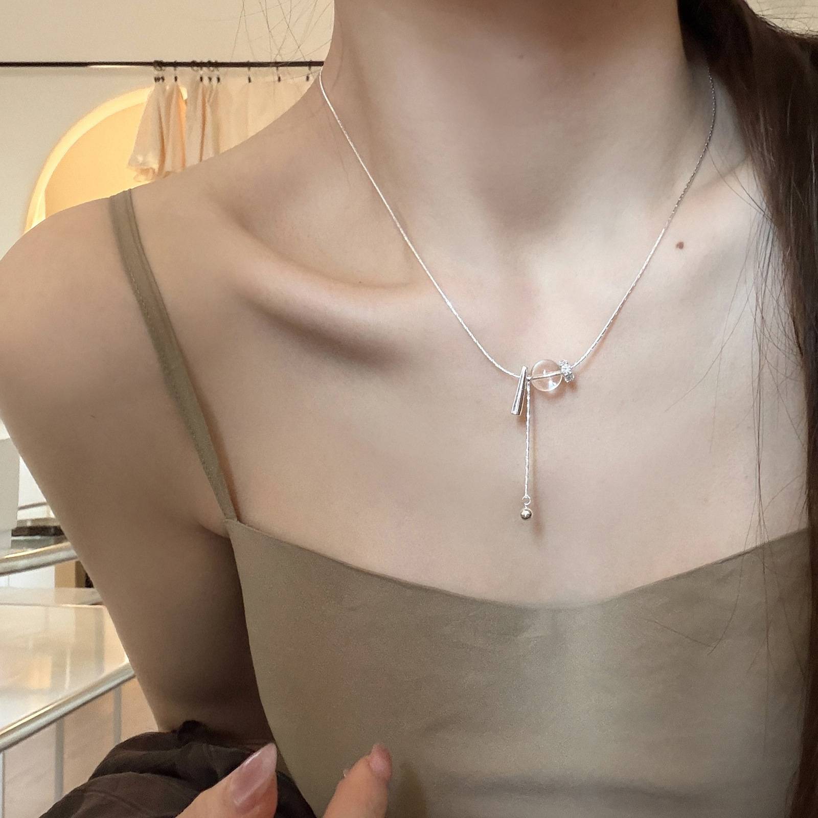韩系透圆水晶流苏吊坠项链女简约