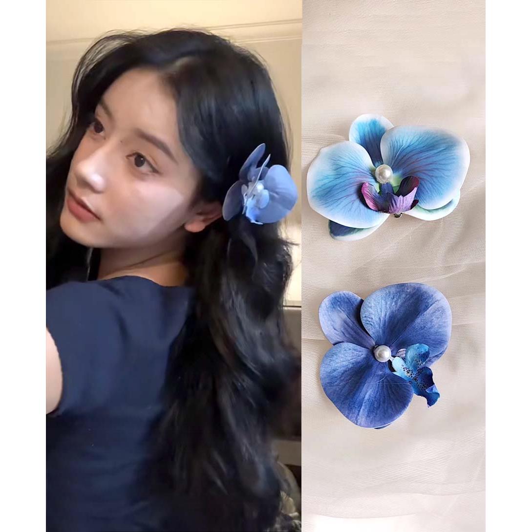 纯欲风明媚少女头戴花花发饰珍珠蝴蝶兰花发夹侧边夹发卡子刘海夹