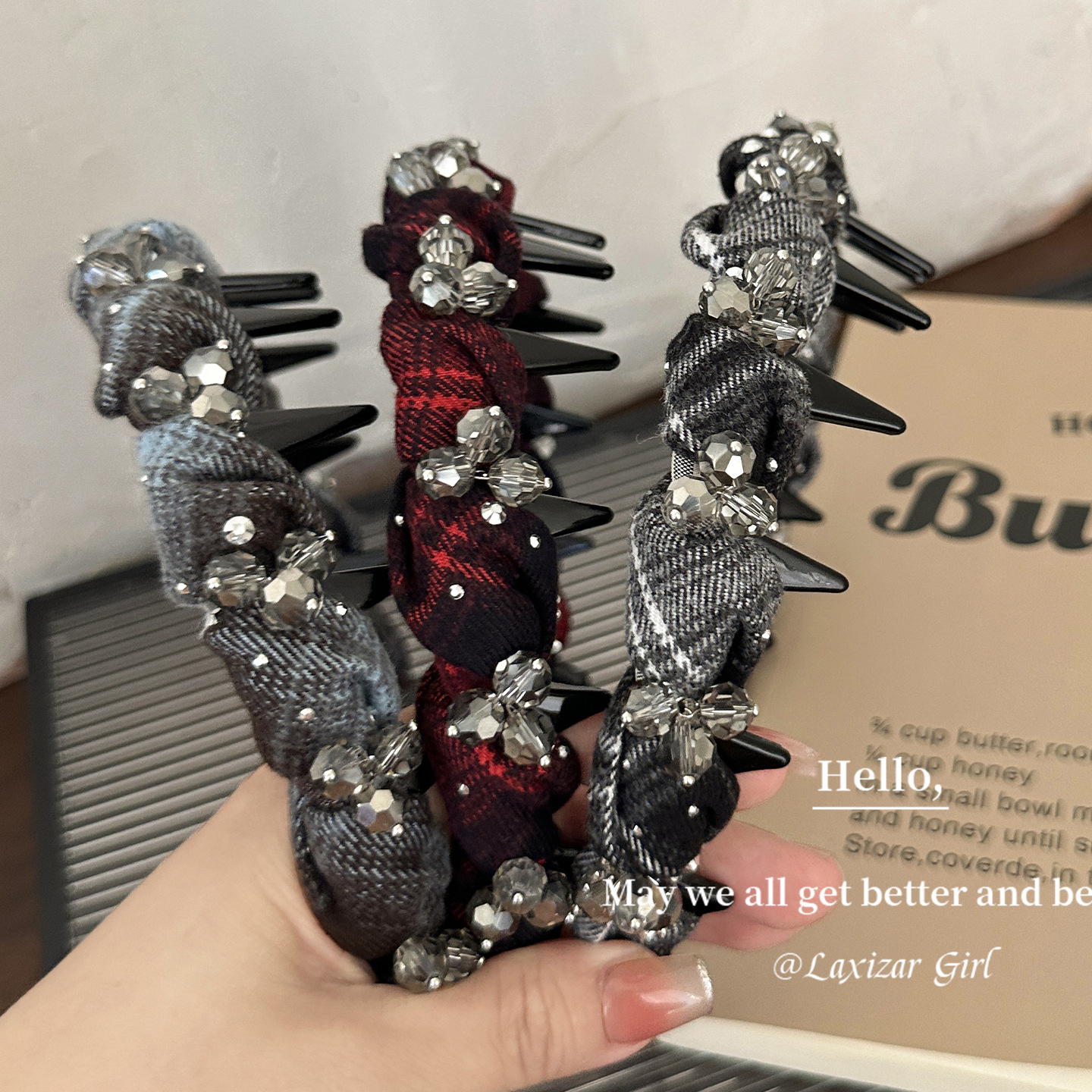 高端水钻格子纯棉发箍轻奢蓬松