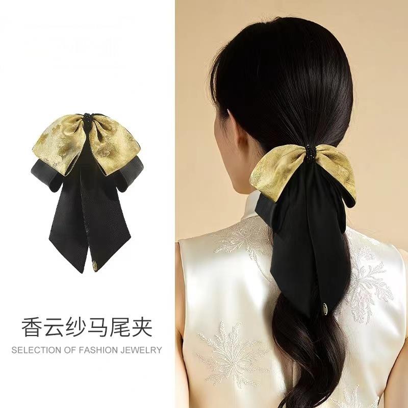 黄色香云纱飘带扭扭夹蝴蝶结发夹桑蚕丝高级感发饰发夹