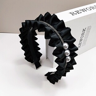 韩版贵气高级感缎面珍珠水钻发箍宽边褶皱时尚发饰百搭显脸小头箍
