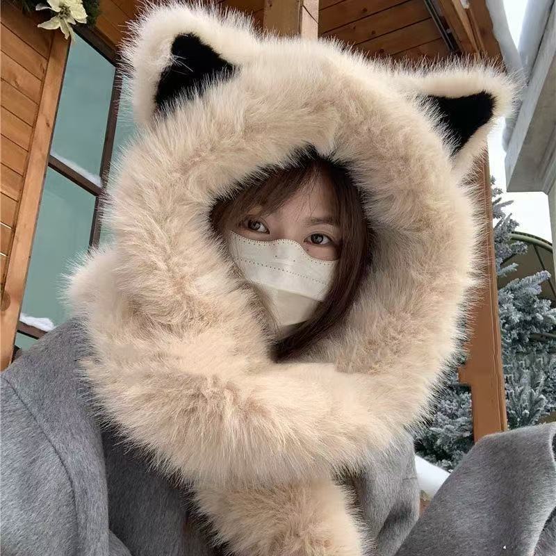 毛绒狐狸帽子女秋冬雷锋帽围巾一体大头围可爱帽子秋冬骑车