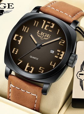 LIGE/利格跨境新款男士手表时尚皮带日历商务休闲防水指针石英表