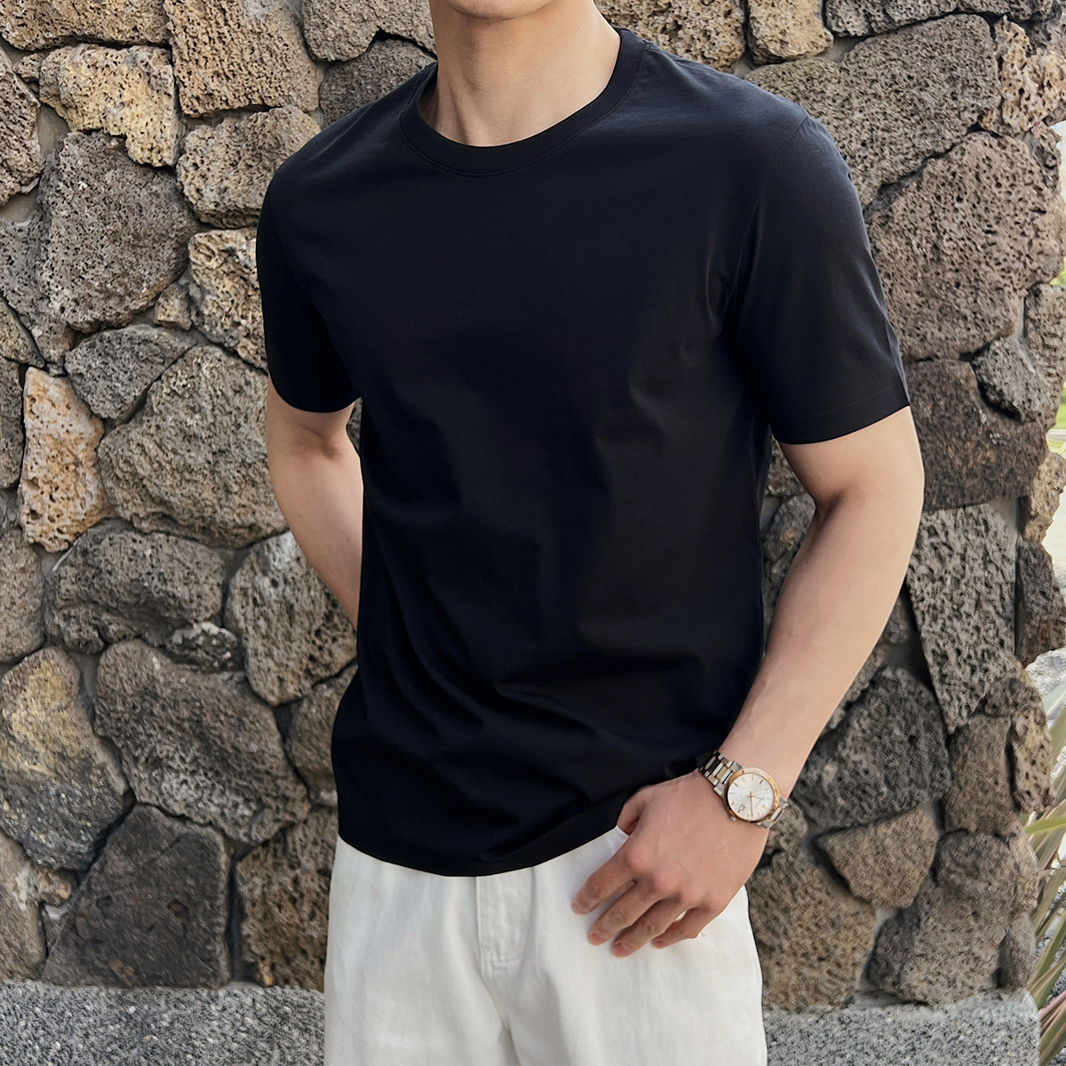 男士夏英伦液氨棉冰爽免烫纯色短袖T恤打底衫圆领A407-DT88-P30黑图片