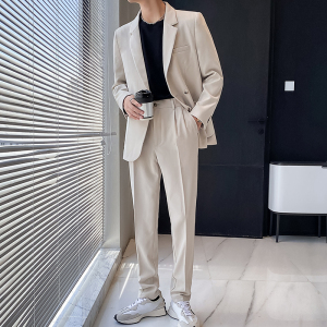 ins轻熟风新款男士微宽松纯色西服上衣男西装杏XZ299-P155控198，男装西服套装，电商A407