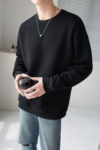 ins轻熟风男士纯色360克重磅圆领长袖T恤打底衫黑WY01-P45控68图片