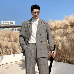 男士网红纯色格子垂感宽松西服外套男青年西装杏XZ281-P165控198图片
