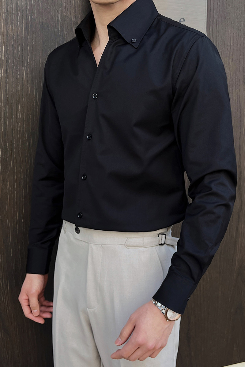 男士礼服衬衫韩版长袖纯色衬衫V领英伦修身衬衣A407-CS106-P60黑,男装衬衫,电商A407