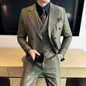 23新款男士英伦风双排扣尖领西装多色商务三件套装绿SJT315-P295图片