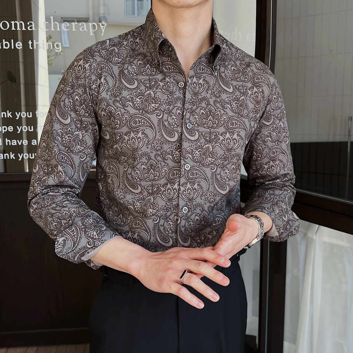 男士长袖印花衬衣痞帅高级修身英伦风春秋衬衫A407-CS108-P70黑图片