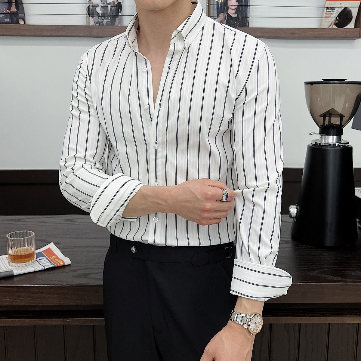 男士新款长袖条纹修身衬衫男式条纹翻领衬衣痞帅上衣CS120-P75白,男装衬衫,电商A407