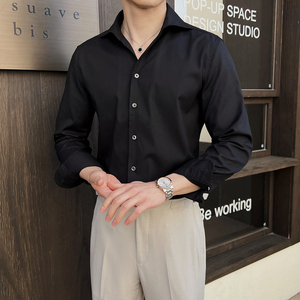 男士V领翻领轻熟免烫衬衫英伦风男士长袖白衬衣A407-CS112-P75黑图片