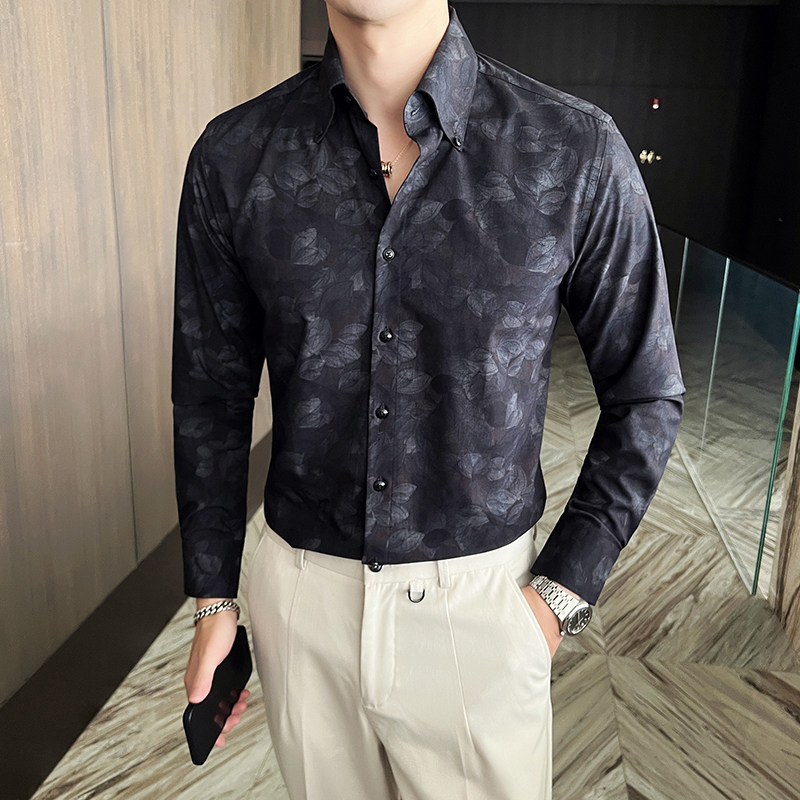 2025男士新款商务休闲大尖领长袖碎花衬衫绿A407-CS93-P68,男装衬衫,电商A407