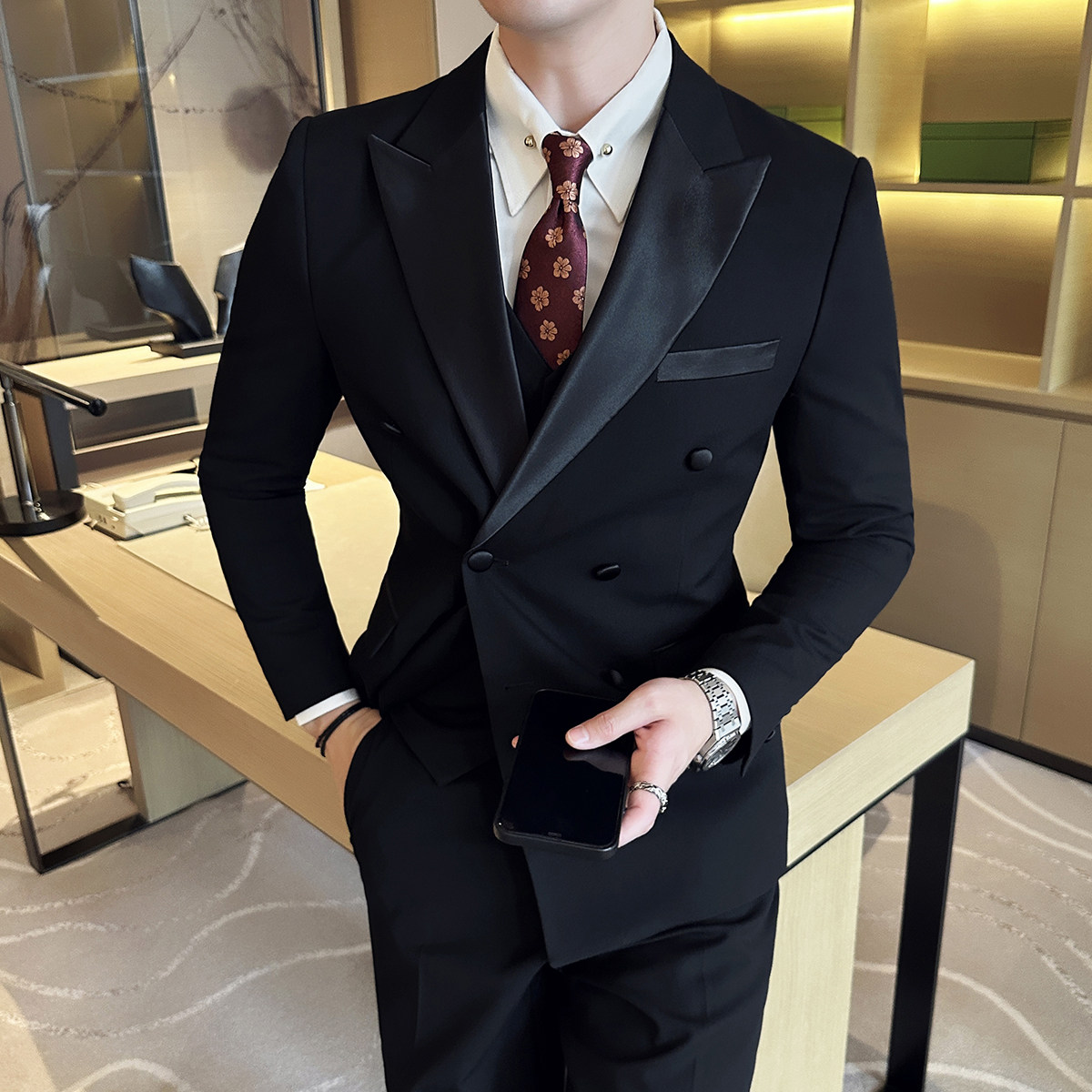 男士结婚礼服双排枪驳领西服新郎伴郎服单西A407/XZ339黑色/P135图片