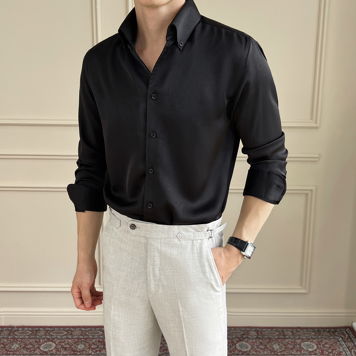 新款男士V领立领商务休闲垂感抗皱男士衬衫A407CS152黑，男装衬衫，电商A407