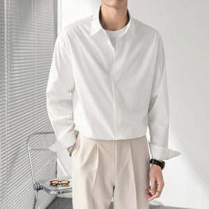 ins轻熟风男士宽松落肩纯色长袖衬衫免烫垂感衬衣白CS01-P60控88，男装衬衫，电商A407