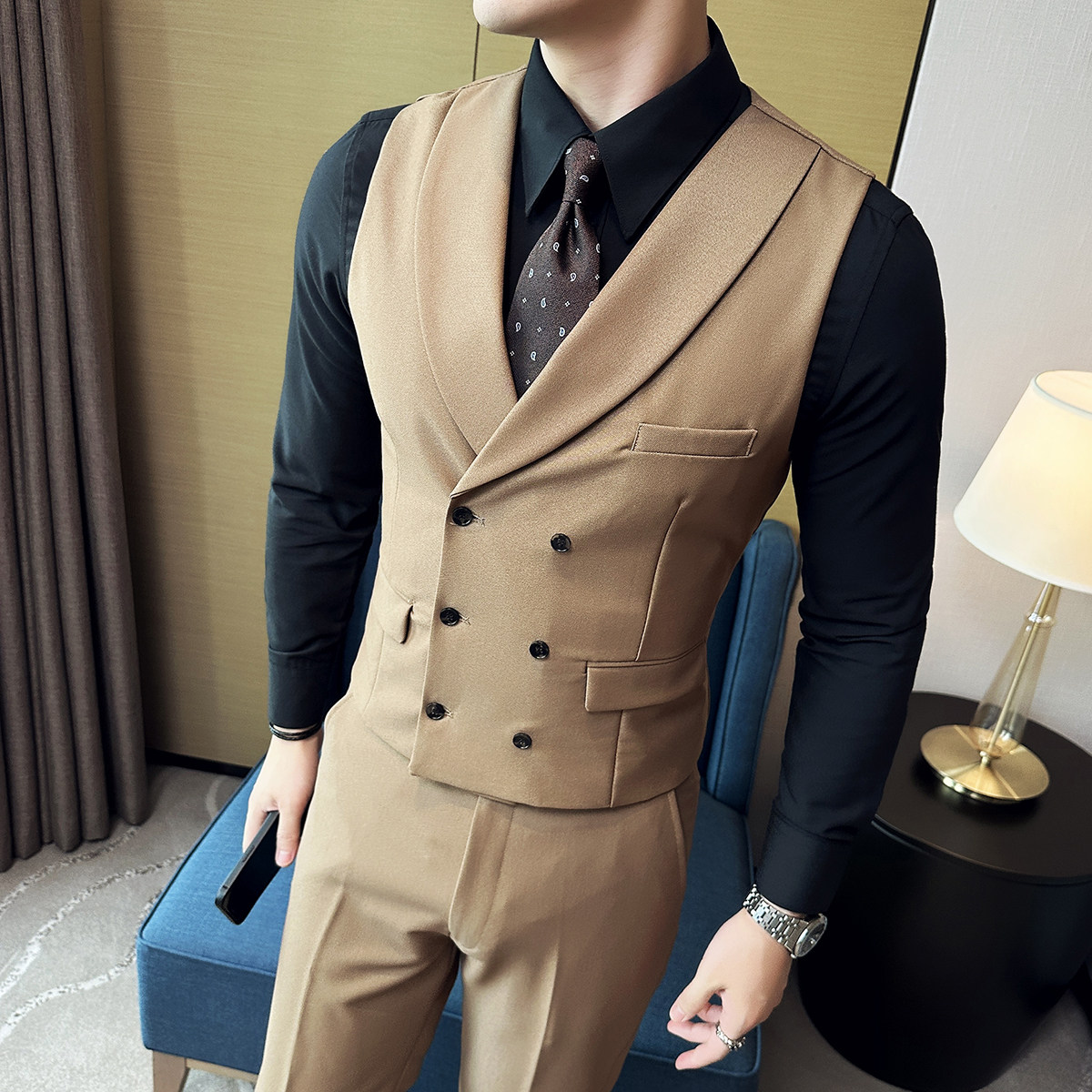2026新款男士青果领新郎伴郎服双排马甲两件套装咖MJ300-P140,男装休闲套装,电商A407