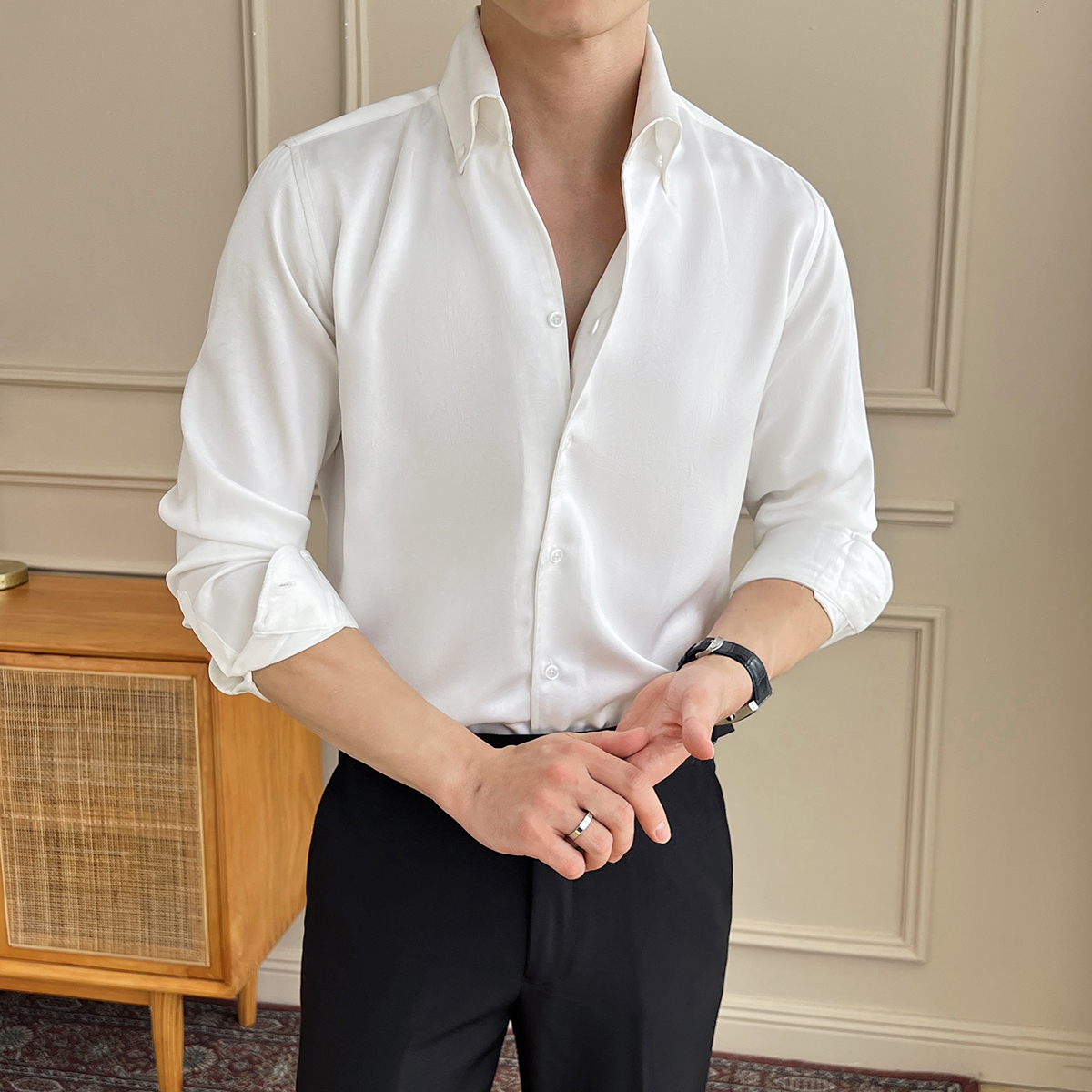 新款男士V领立领商务休闲垂感抗皱男士衬衫A407CS152白，男装衬衫，电商A407