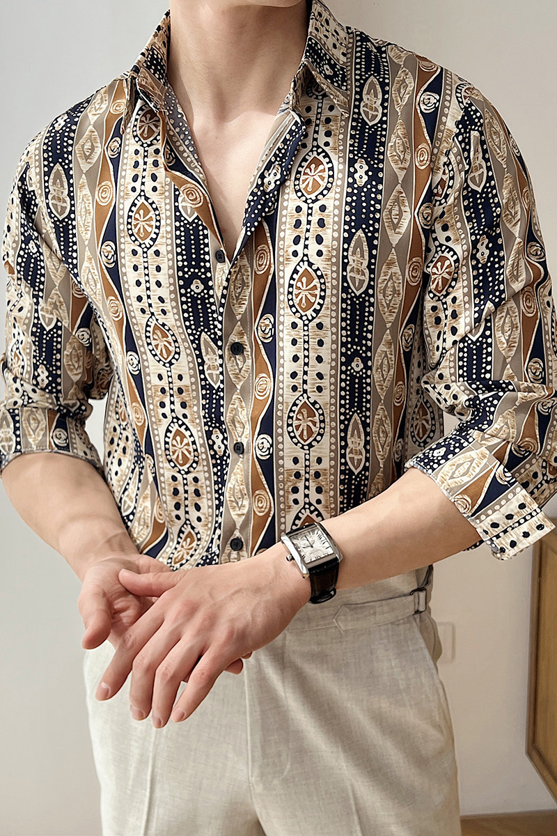 男士休闲垂感印花长袖衬衫轻熟慵懒风宽松免烫抗皱衬衣CS138--P60,男装衬衫,电商A407