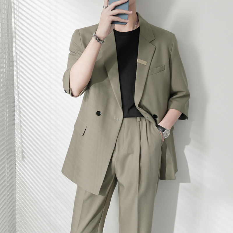 ins轻熟风纯色宽松落肩中袖西服外套男垂感西装拼XZ286/P145控198,男装西服套装,电商A407