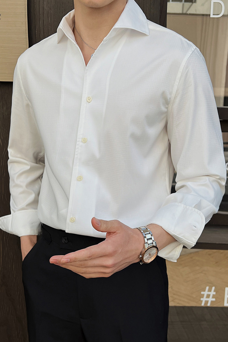 男士V领翻领轻熟免烫衬衫英伦风男士长袖白衬衣A407-CS112-P75白,男装衬衫,电商A407
