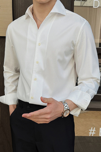 男士V领翻领轻熟免烫衬衫英伦风男士长袖白衬衣A407-CS112-P75白图片