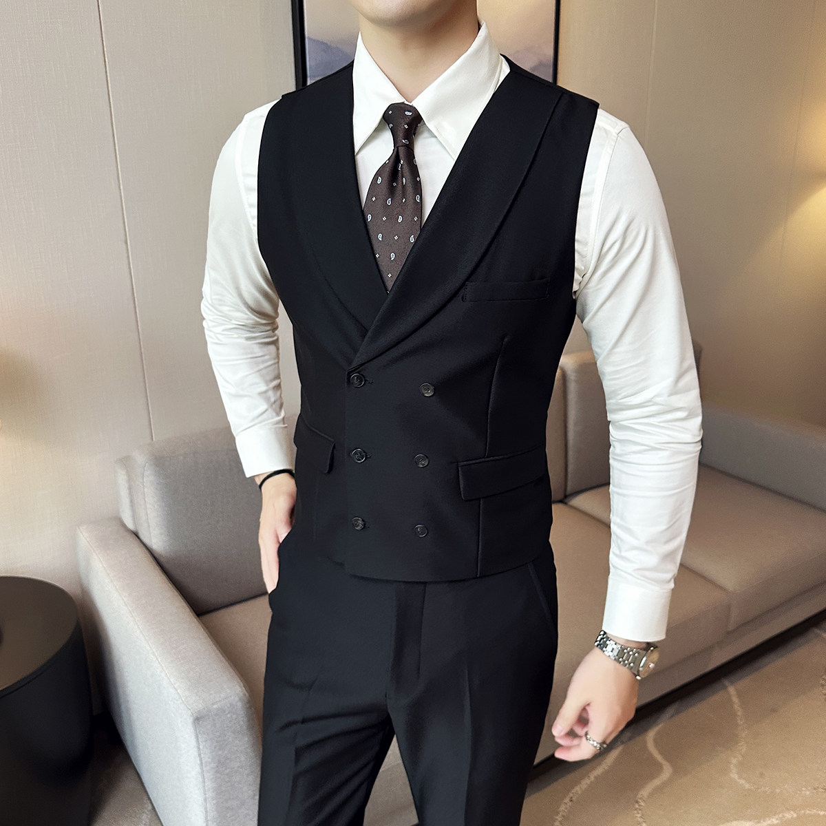 2025新款男士青果领新郎伴郎服双排马甲两件套装黑MJ300-P140图片