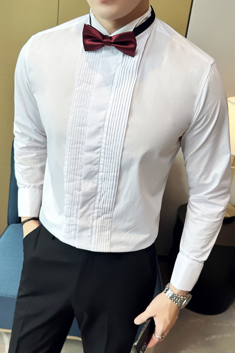 23新款婚礼法式袖翼型领衬衫纯色白色礼服长袖衬衣黑-CS104-P60,男装衬衫,电商A407