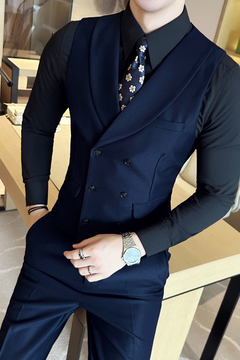 2026新款男士青果领新郎伴郎服双排马甲两件套装青MJ300-P140,男装休闲套装,电商A407