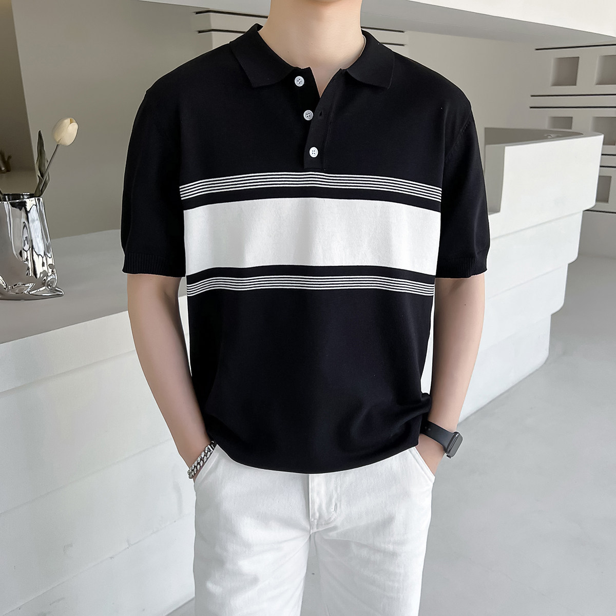 轻熟风男士夏季短袖针织翻领polo衫半袖t恤白A407-DT63-P55控78,男装T恤,电商A407
