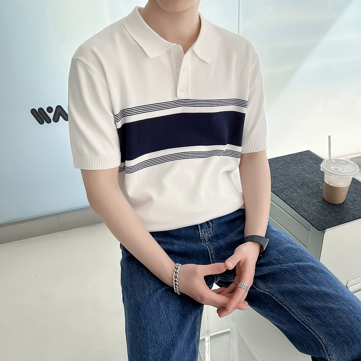 轻熟风男士夏季短袖针织翻领polo衫半袖t恤白A407-DT63-P55控78图片