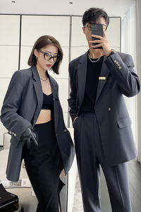 ins轻熟风新款情侣西服男女休闲微宽松垂感西装灰XZ298-P155控198图片