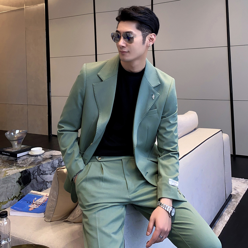男士网红单排纯色休闲西装新伴郎西可配套装绿XZ273/P160控188，男装西服套装，电商A407