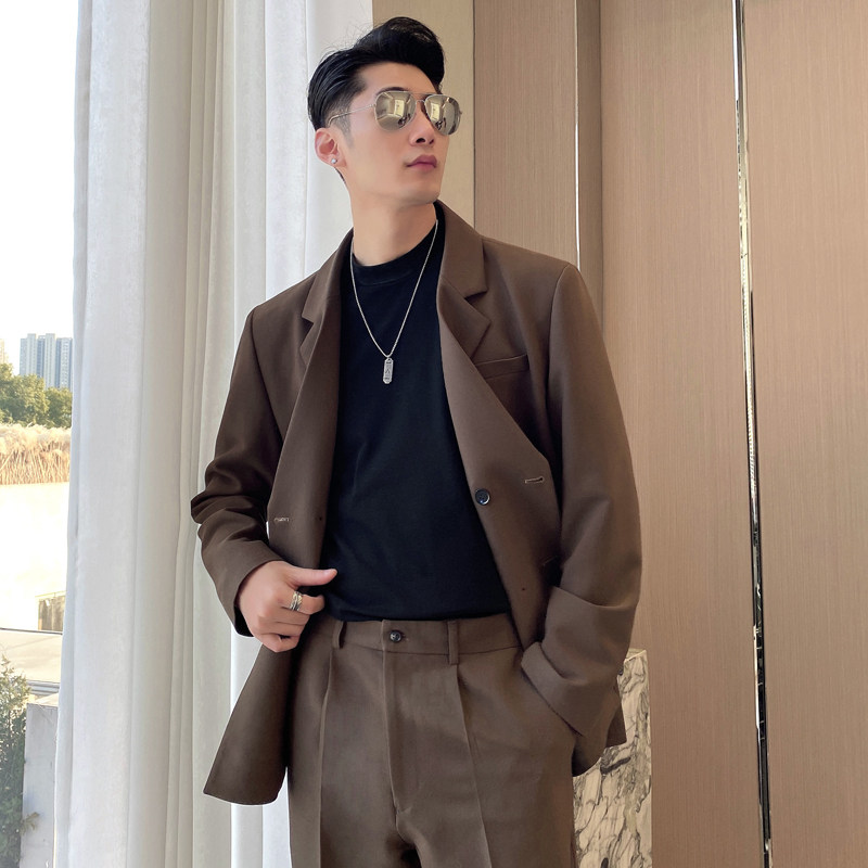 男士网红纯色格子垂感宽松西服外套男青年西装黑XZ281-P165控198,男装西服套装,电商A407